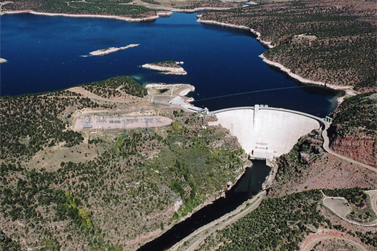 Aerial view of Flaming Gorge Dam and Reservoir